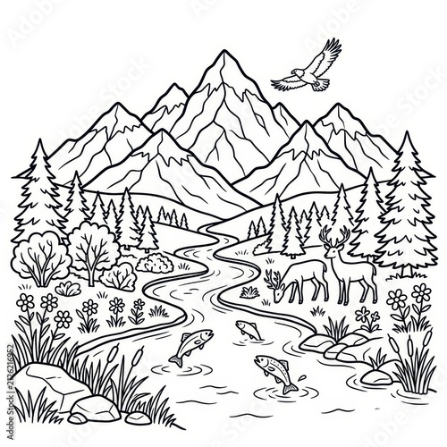 Mountain stream with wildlife and pine forest