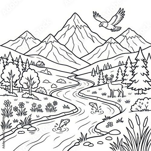 Line art mountain river landscape with animals and plants