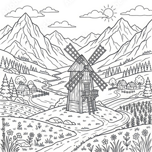 Countryside landscape with windmill and mountains