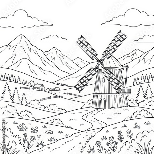 Countryside landscape with windmill and mountains