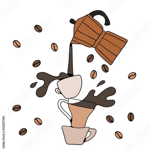 coffee maker pouring coffee into a stack of cups, cafe poster