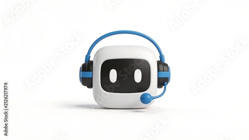 White robot head with blue headphones and microphone on white background