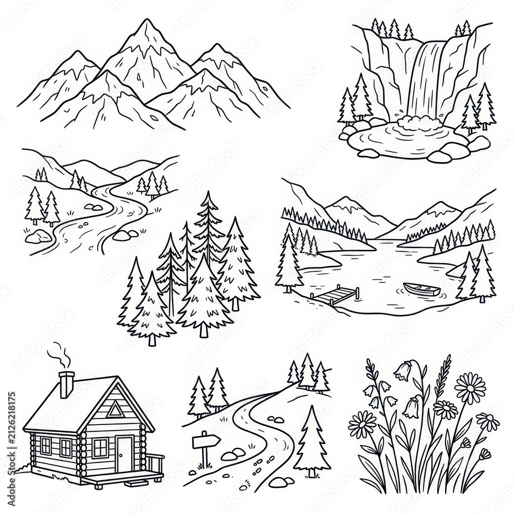 Naklejka premium Nature doodles mountains waterfall cabin and forest scenes