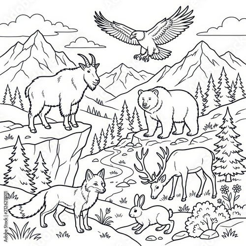 Wild animals in mountain landscape coloring page