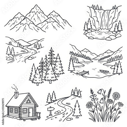 Nature doodles mountains waterfall cabin and forest scenes