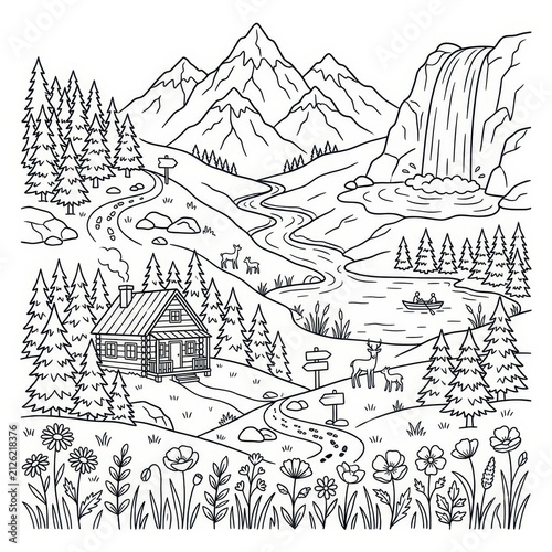 Cabin in a mountain landscape with river and waterfall