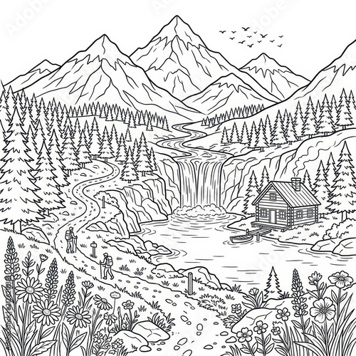 Mountain landscape with waterfall and cabin