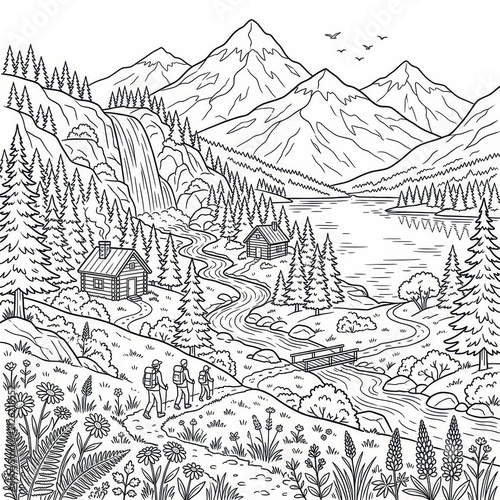 Mountain landscape with hikers and cabins coloring page