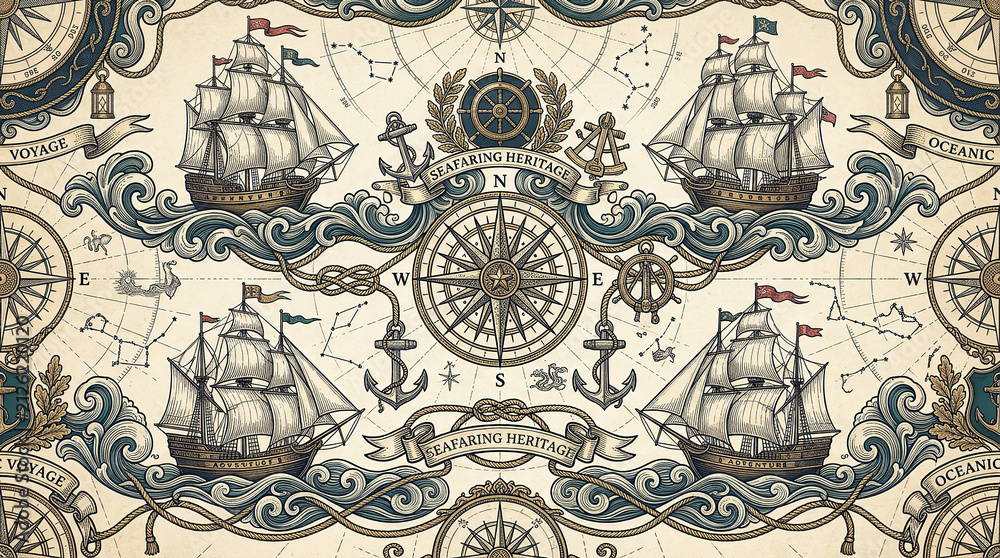 Fototapeta premium Vintage seafaring adventure pattern with ships, compasses, and celestial maps.