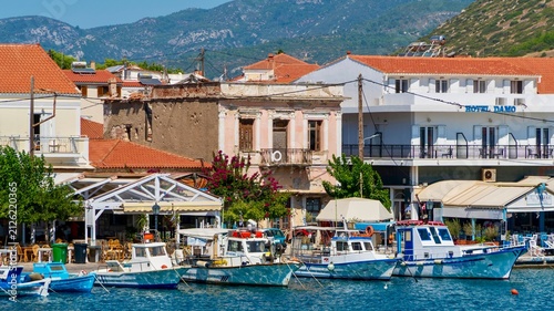 Bild auf Leinwand Pythagoreio, Greece - August 1, 2026: View of Pythagoreio from the sea on Samos