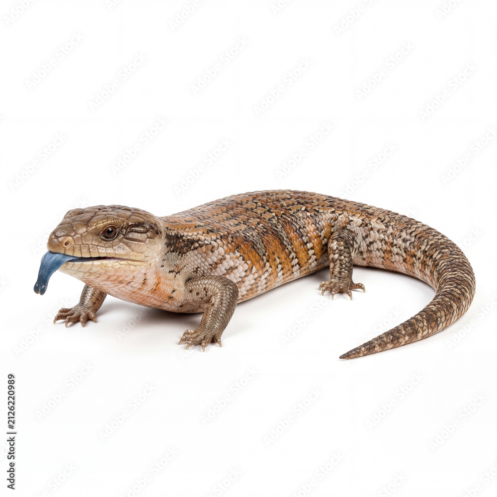 Fototapeta premium blue tongued skink lizard with extended tongue on white background for reptile pet care educational content and wildlife illustration
