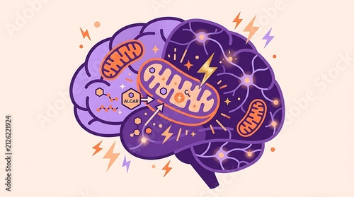 Brain anatomy showing mitochondrial energy and cellular health