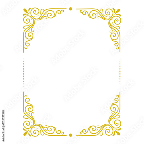 Elegant golden vintage ornamental frame with intricate floral swirls and decorative corners isolated on transparent background