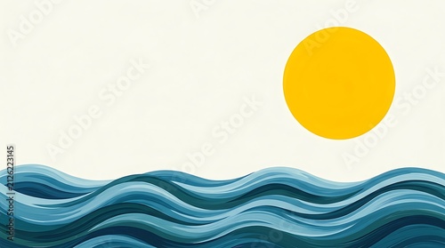 Minimalist seascape with blue textured waves and yellow sun