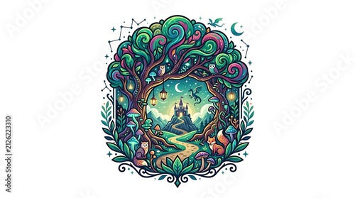 Magical forest path leading to a glowing fantasy castle at night