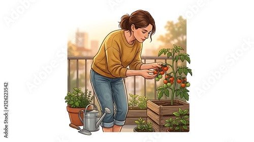 Woman harvesting tomatoes in her sunny urban balcony garden