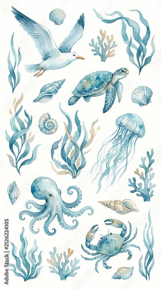 Obraz premium Watercolor sea animals collection with turtle octopus crab jellyfish and shells.