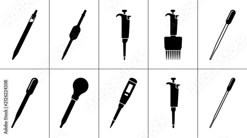 Laboratory Pipettes And Micropipettes Silhouettes Vector Set Featuring Medical Droppers And Scientific Equipment