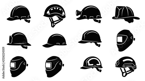 Safety Helmets and Hard Hats Silhouette Icon Set Featuring Industrial Protective Gear
