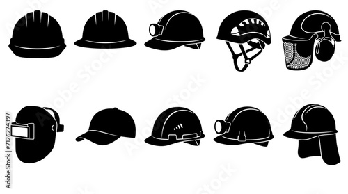 Construction Helmet And Safety Hard Hat Vector Silhouette Collection Set