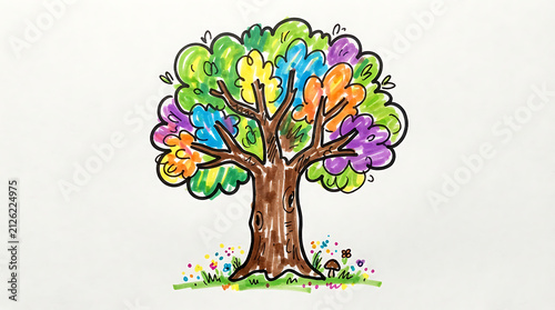 Colorful cartoon tree with vibrant rainbow leaves and green trunk standing on grass