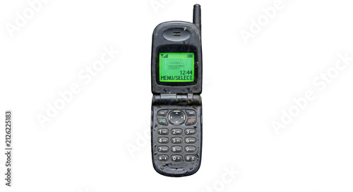 Canvas Print Old flip phone covered in dirt and grime, showing a green screen display
