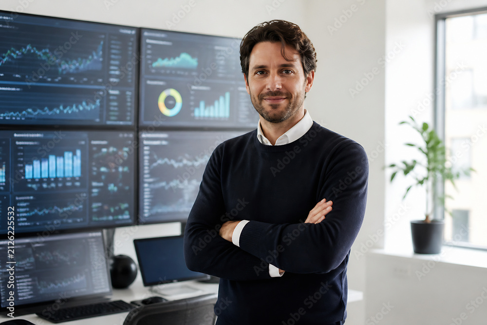 Fototapeta premium A man in a navy sweater stands confidently in front of multiple computer monitors displaying data charts in an office setting.