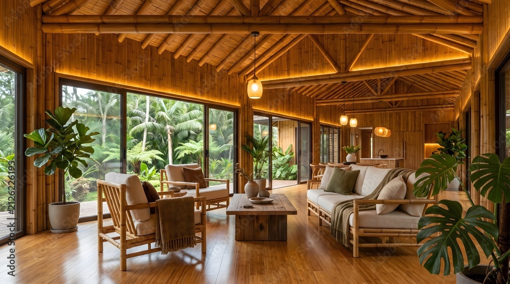 Fototapeta premium Modern Bamboo Villa Living Room with Wooden Furniture and Sliding Glass Doors to Garden