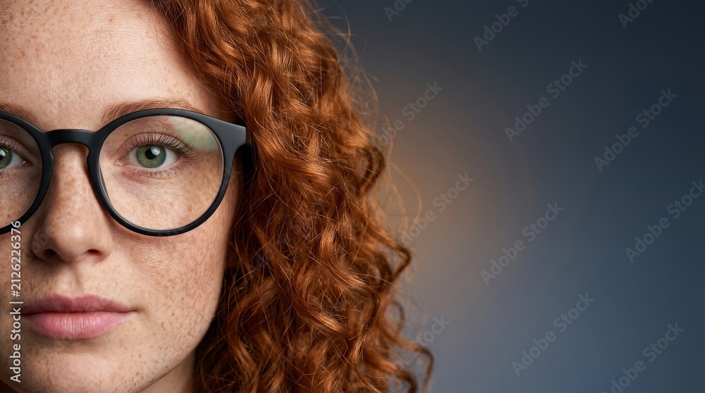 Obraz premium Detailed close-up of a woman with curly red hair and glasses, set against a soft gradient background.