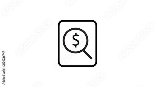 Document file icon with dollar sign currency symbol inside circular magnifying glass tool