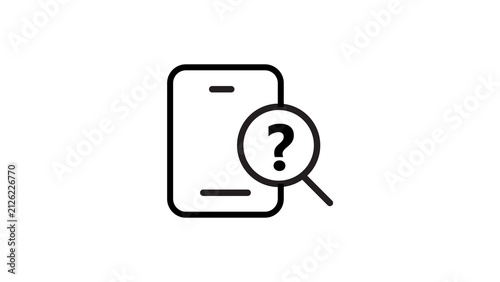 Mobile phone smartphone device icon with unknown status mark inside magnifying glass lens
