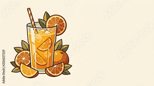 Refreshing orange juice glass with citrus slices and a straw