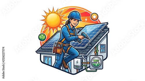 Female technician installing solar panels on a residential roof