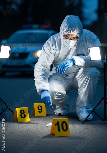 Investigator Examining Forensic Evidence at Night Crime Scene