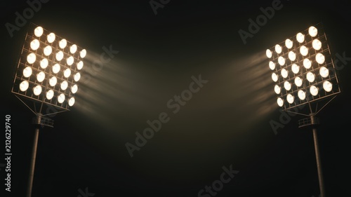 Black Friday Stadium floodlights glowing brightly in dark night sky creating dramatic atmosphere for sports events or concert staging