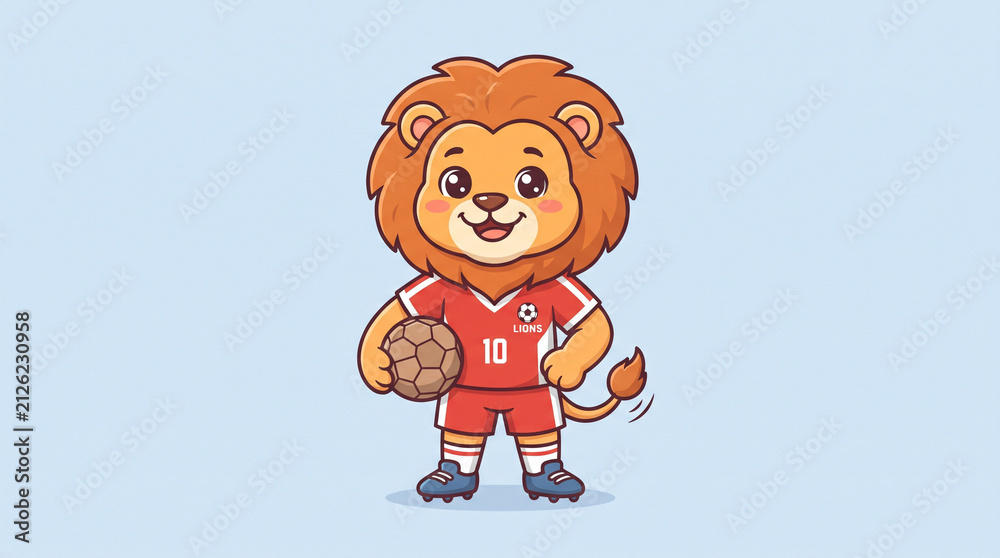 Fototapeta premium Cute big head lion soccer player cartoon mascot vector illustration holding football on hip with bold outlines on light background