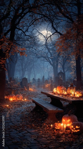 Mystical pumpkin luminance in the haunted woods under a full moo
