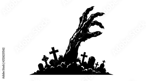 Fotografie Halloween Undead Zombie Hand Rising From Grave Hilltop Vector Silhouette, Spooky