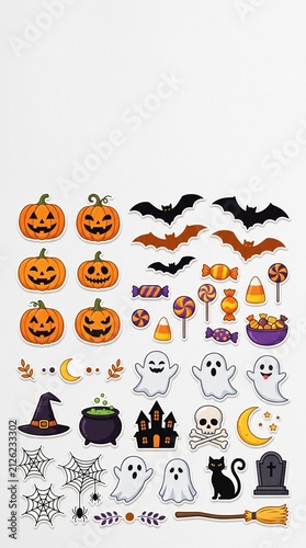 Halloween icons and stickers collection with pumpkins, ghosts, bats, and candy