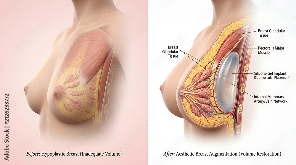 Fototapeta premium Breast Before vs After Augmentation: Small Breast vs Implant Augmented Breast