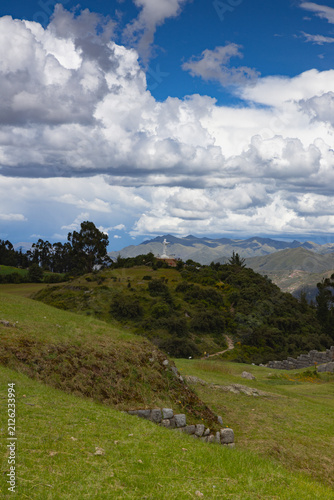 View from Puka Pukara Archaeological Complex on Statue of Christ, Cusco, Peru