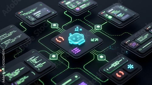 Futuristic AI chatbot interface with glowing neon elements