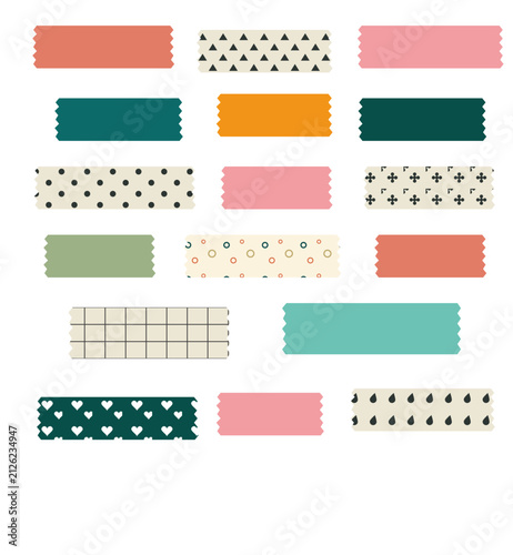 Set of colorful washi tape strips. Decorative adhesive paper tapes for scrapbooking.