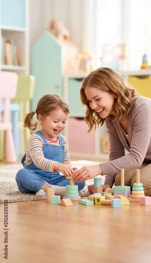 Obraz premium Preschool teacher playing with young child using educational wooden toys