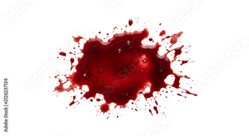 A dark red blood splatter with small droplets and bubbles on a white background