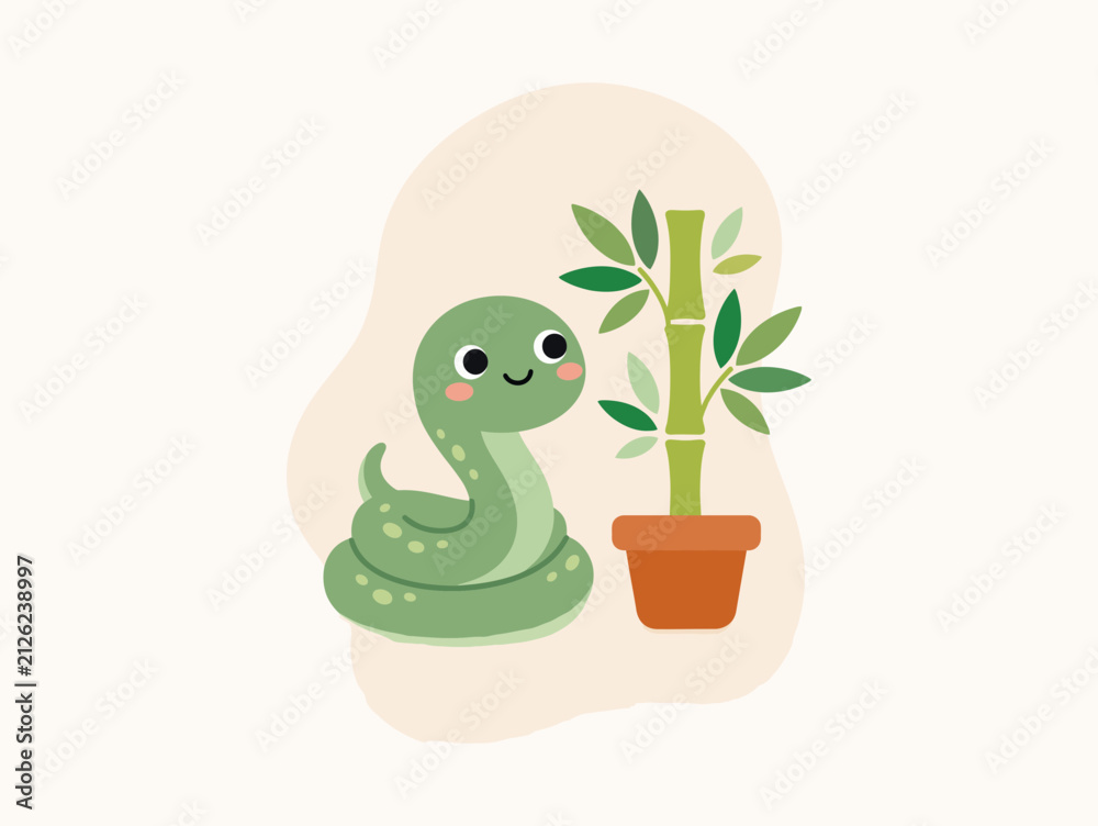 Fototapeta premium Cute green snake sitting next to a bamboo plant in a pot, minimalist kawaii style illustration