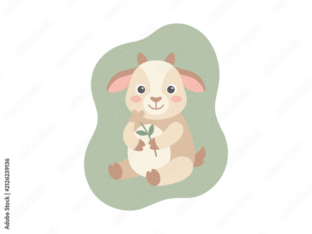 Fototapeta premium Adorable Baby Goat Illustration Holding a Leaf on a Soft Pastel Green Background for Nursery Decor