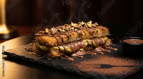 Gourmet Chocolate Pistachio Kunafa Modern Middle Eastern Dessert