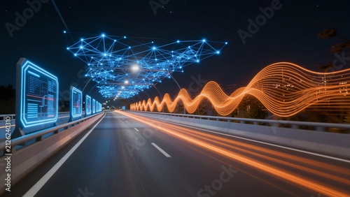 A futuristic highway illuminated by glowing digital networks and flowing light trails under a starry night sky.