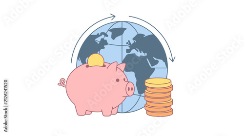 Global Finance Concept Featuring Piggy Bank and World Globe with Stacked Coins Representing International Savings and Economic Growth